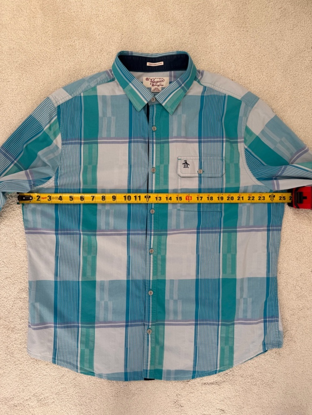 Original Penguin Teal & Light Blue Plaid Botton-Up Shirt XXL - Picture 9 of 11